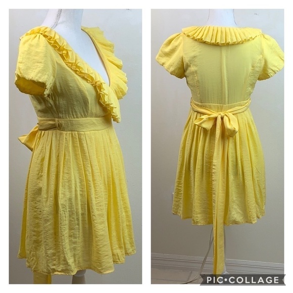 Ya Los Angeles Sunny yellow, silky ruffle V neck wrap babydoll mini dress S - Picture 2 of 8